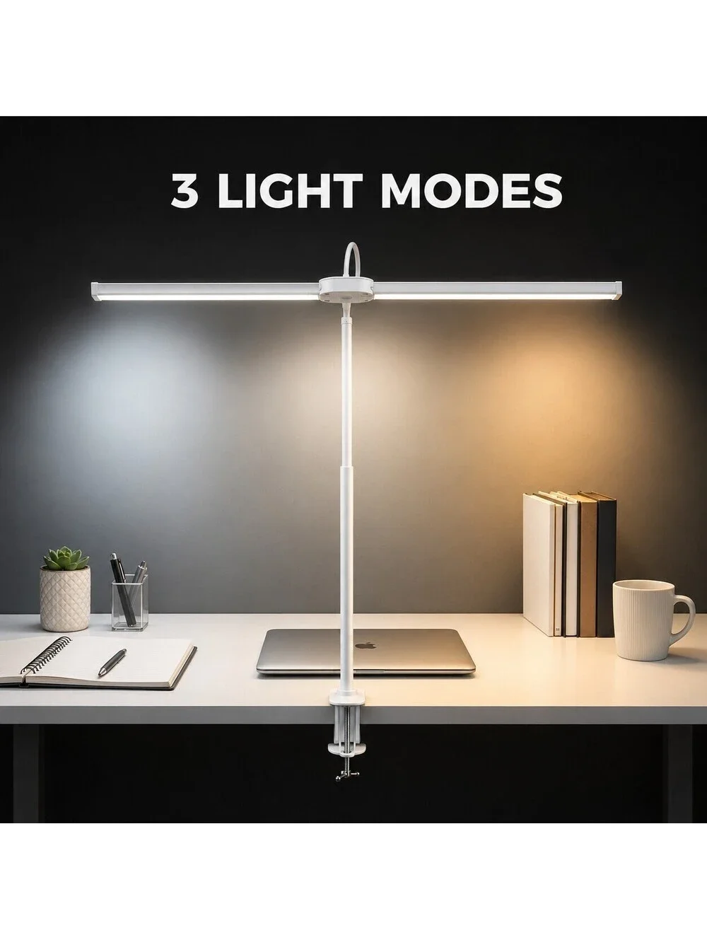 Double Head LED Desk Lamp Clamp 3 Modes 10 Brightness Memory USB White
